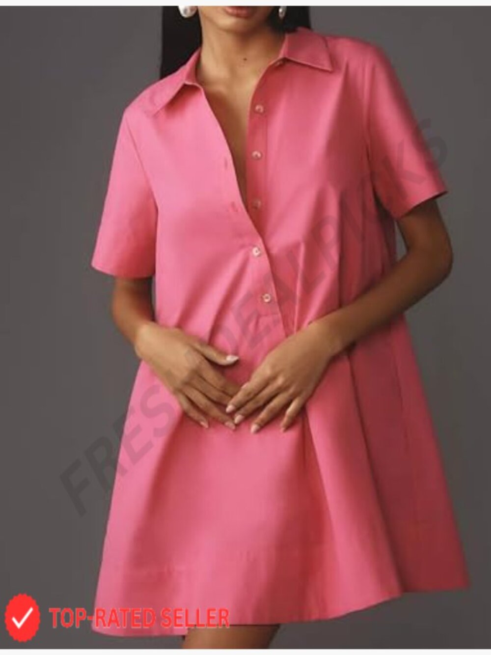 Oversized Short Sleeve Swing Tunic Mini Dress Flowy A-Line Button Down Shirt - Picture 3 of 6